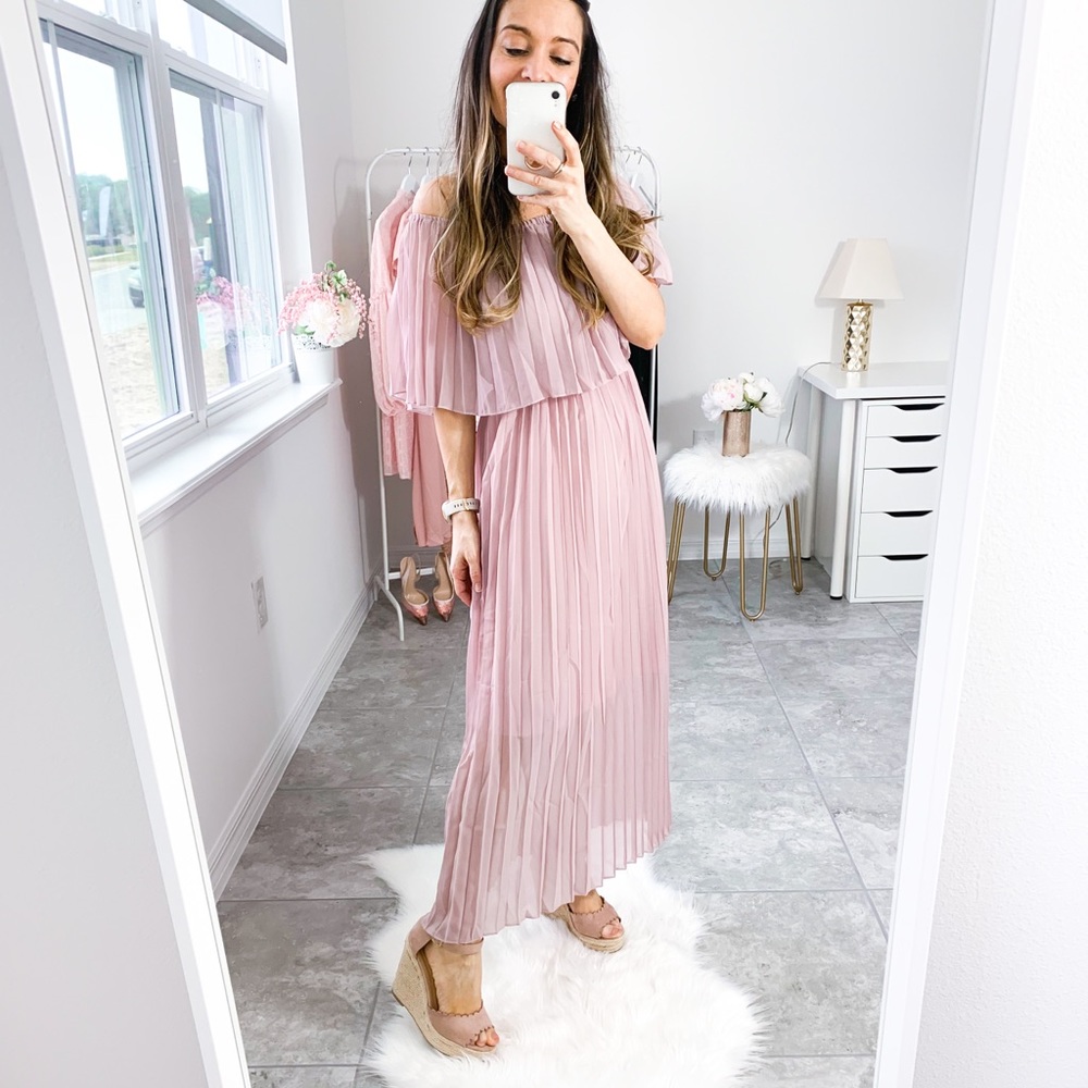 Dusty Pink Off Shoulder Ruffle Pleated Maxi Dress - Picture 12 of 12